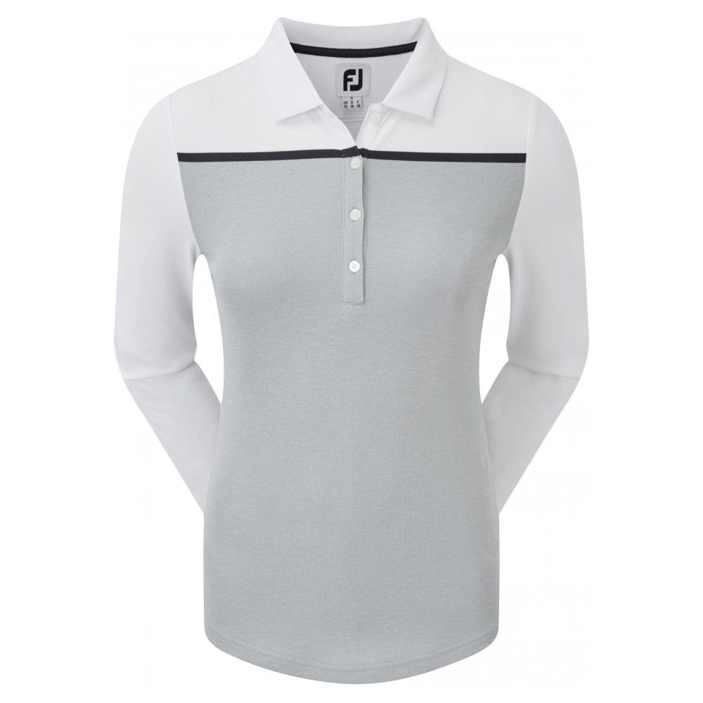 FootJoy Smooth Pique Long Sleeved Colour Block, Heather Grey with White, Navy