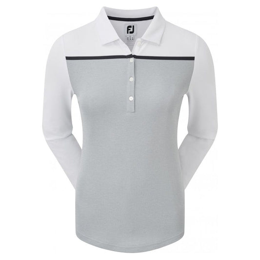 FootJoy Smooth Pique Long Sleeved Colour Block, Heather Grey with White, Navy