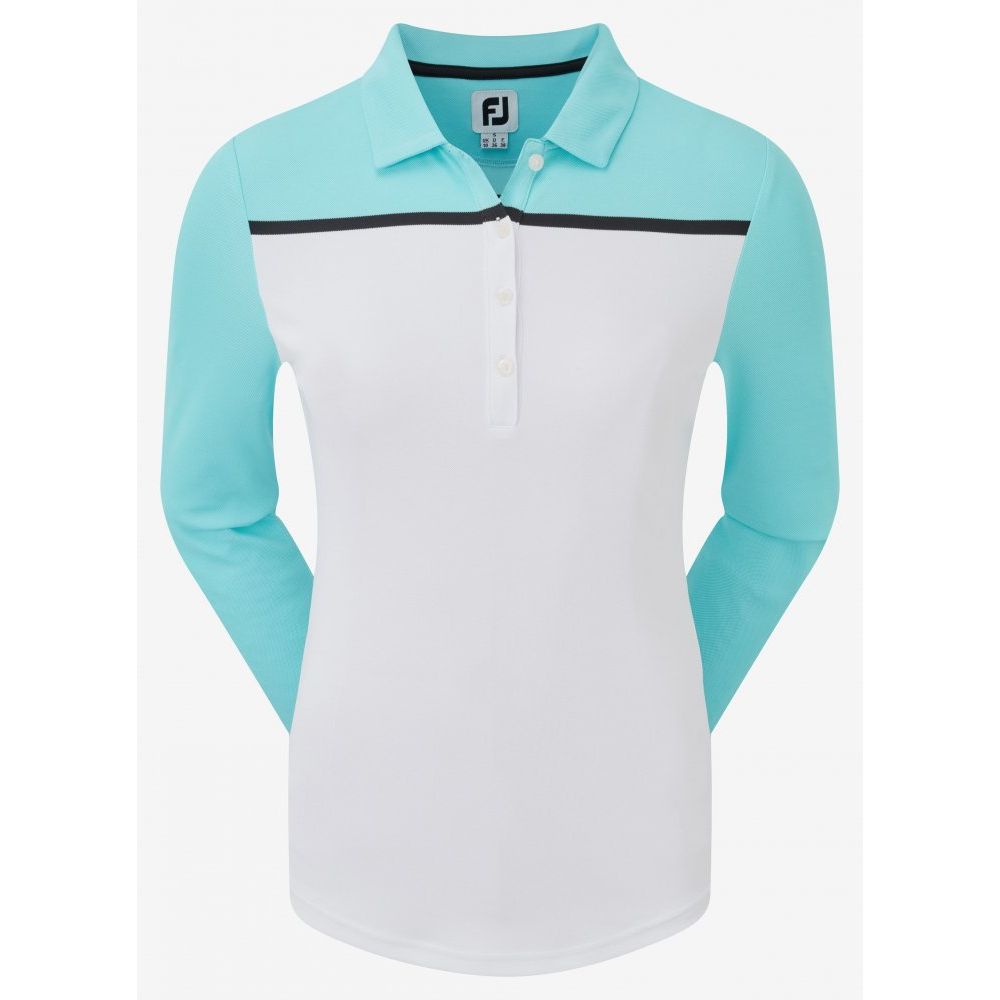 FootJoy Smooth Pique Long Sleeved Colour Block, White with Bluefish, Black FootJoy