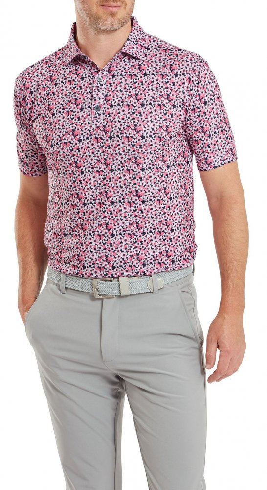 FootJoy Primrose Print Lisle, Coral Red, pánské golfové tričko