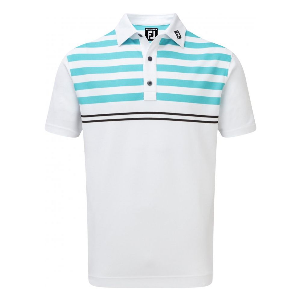 FootJoy Stretch Pique with Graphic Stripes, White with Aqua, Black