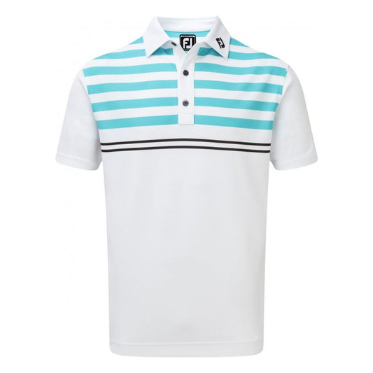 FootJoy Stretch Pique with Graphic Stripes, White with Aqua, Black