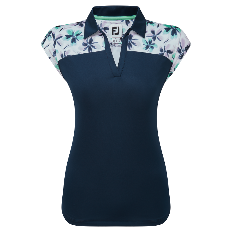 FootJoy Cap Sleeve Print Trim, White, Navy, women's golf polo shirt
