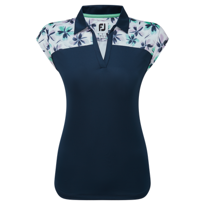 FootJoy Cap Sleeve Print Trim, White, Navy, women's golf polo shirt