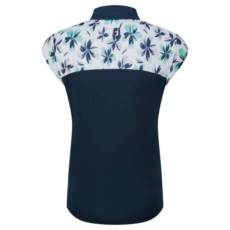 FootJoy Cap Sleeve Print Trim, White, Navy, women's golf polo shirt