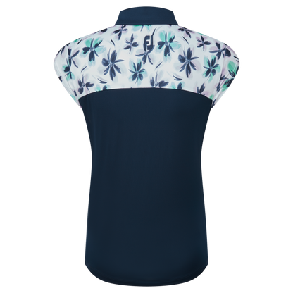 FootJoy Cap Sleeve Print Trim, White, Navy, women's golf polo shirt